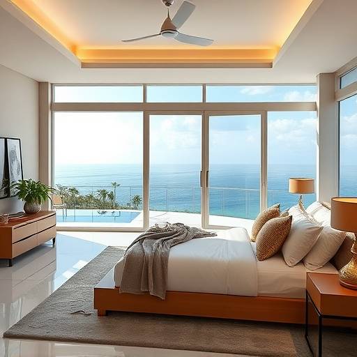 Dormitorio principal de una villa de lujo con balc&oacute;n y vistas al mar