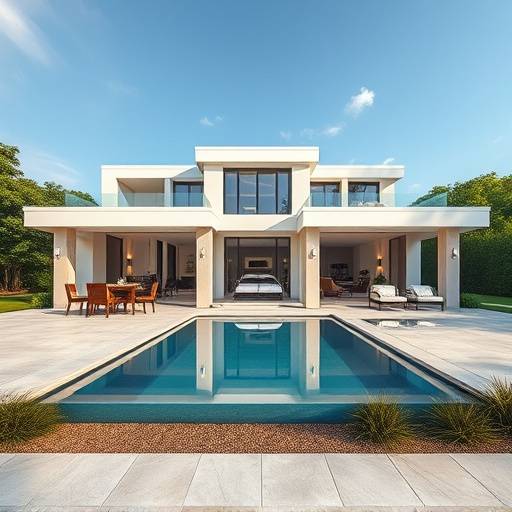 Exterior elegante de una villa moderna con piscina y jard&iacute;n cuidado