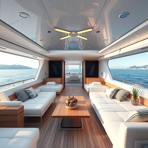 Interior lujoso de un yate con muebles modernos y vistas panor&aacute;micas