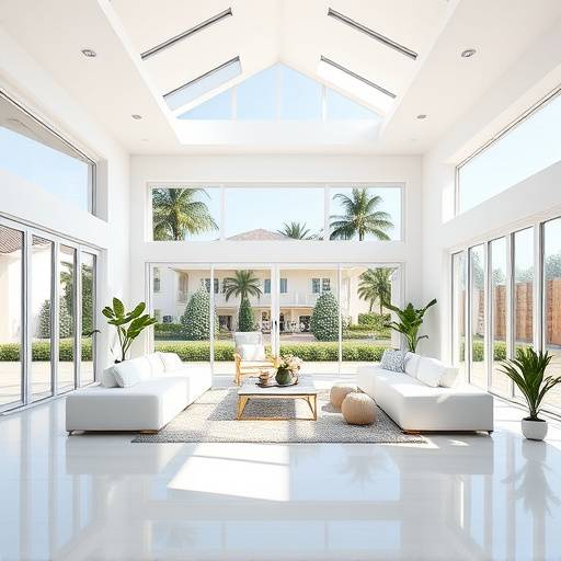 Interior luminoso y espacioso de una villa con grandes ventanales
